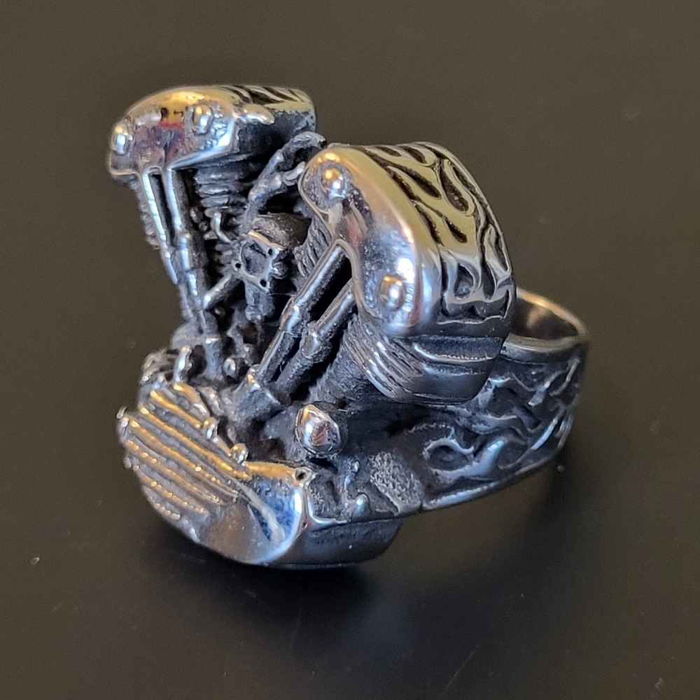 Men's Biker Ring Stainless Steel Engine Block With Side Flames Size 8.5
